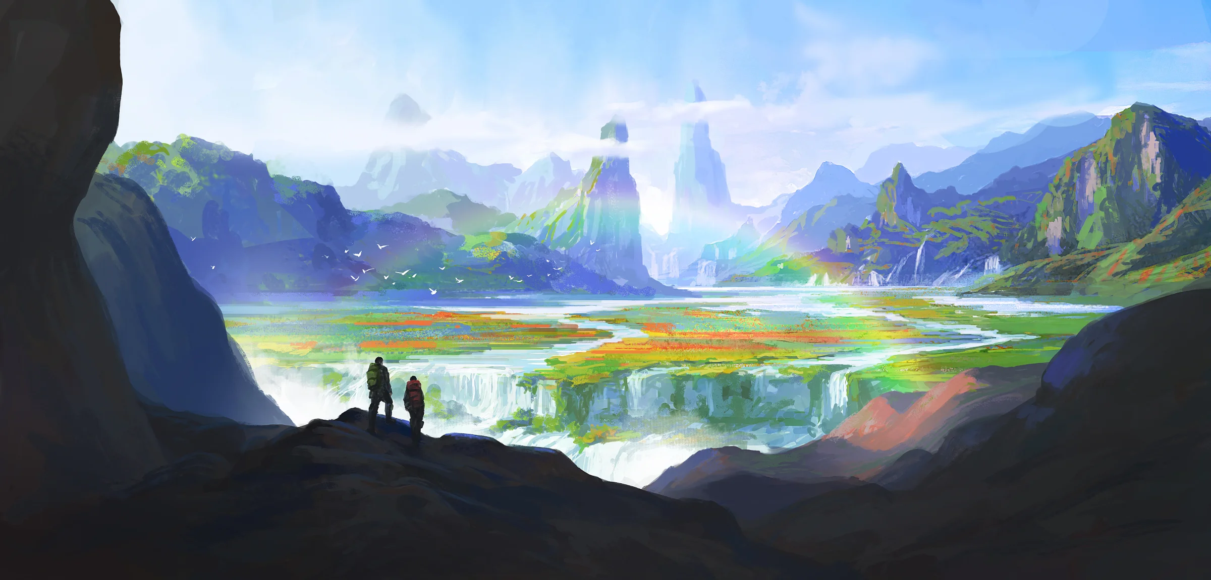 Two travelers overlooking a luminous realm of mountains, lakes, and waterfalls